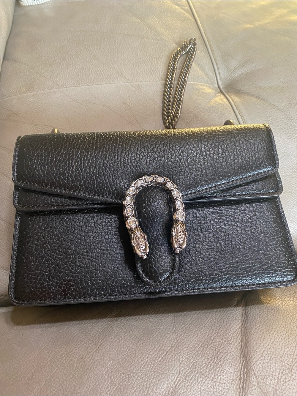 Black Leather Chain Shoulder Bag with Antique Silver look Hardware and crystals